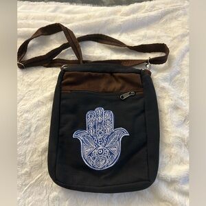 Black and Brown Crossbody Bag with Blue Hamsa Embroidery